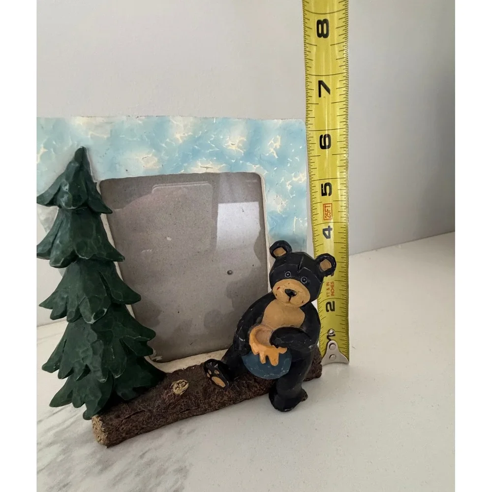 Rustic Black Bear Picture Frame Resin Cabin Lodge Decor Tree Honey Pot 3.5x5